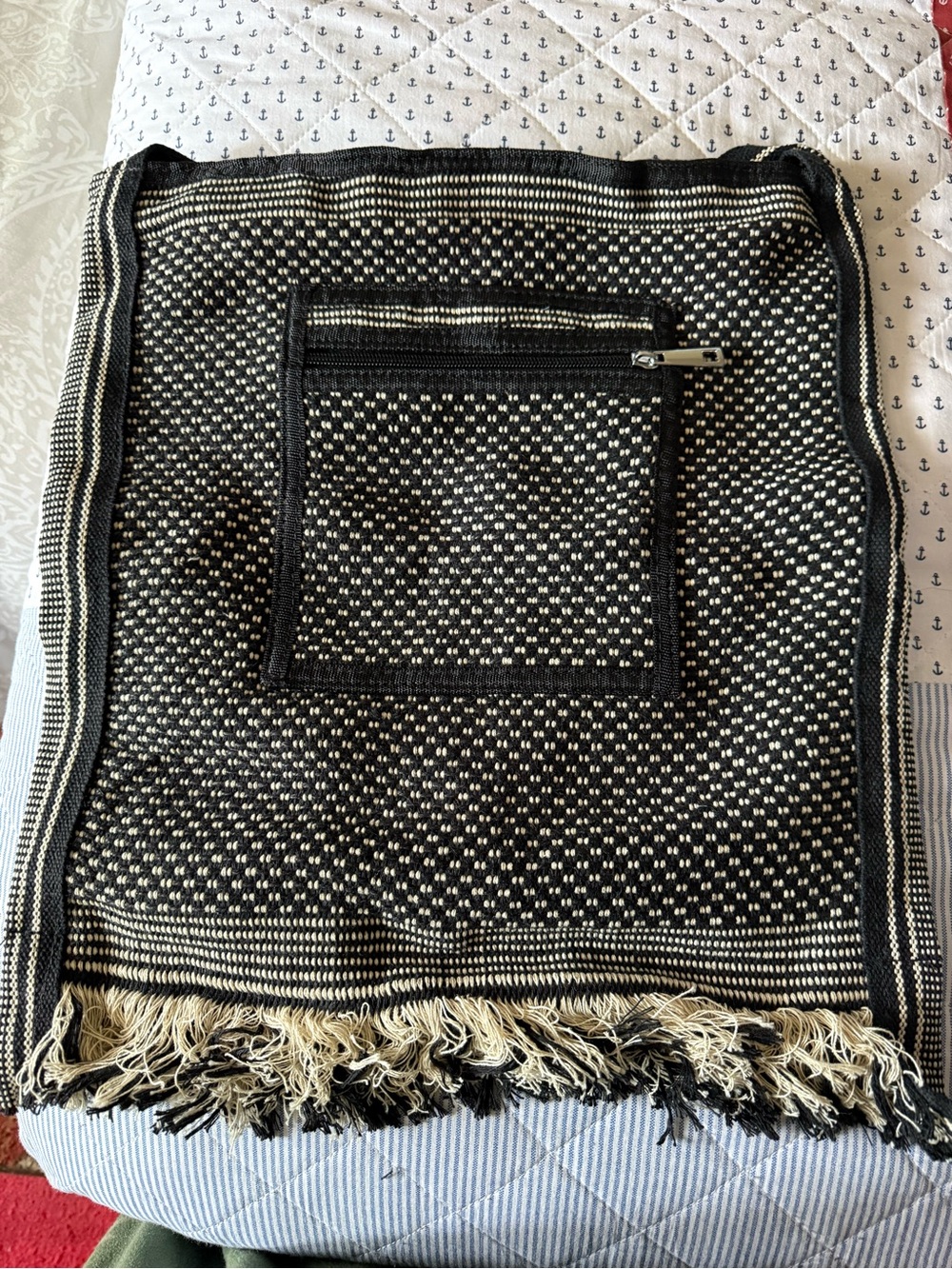 NWOT Woven Black and Cream Fringe Tote Bag